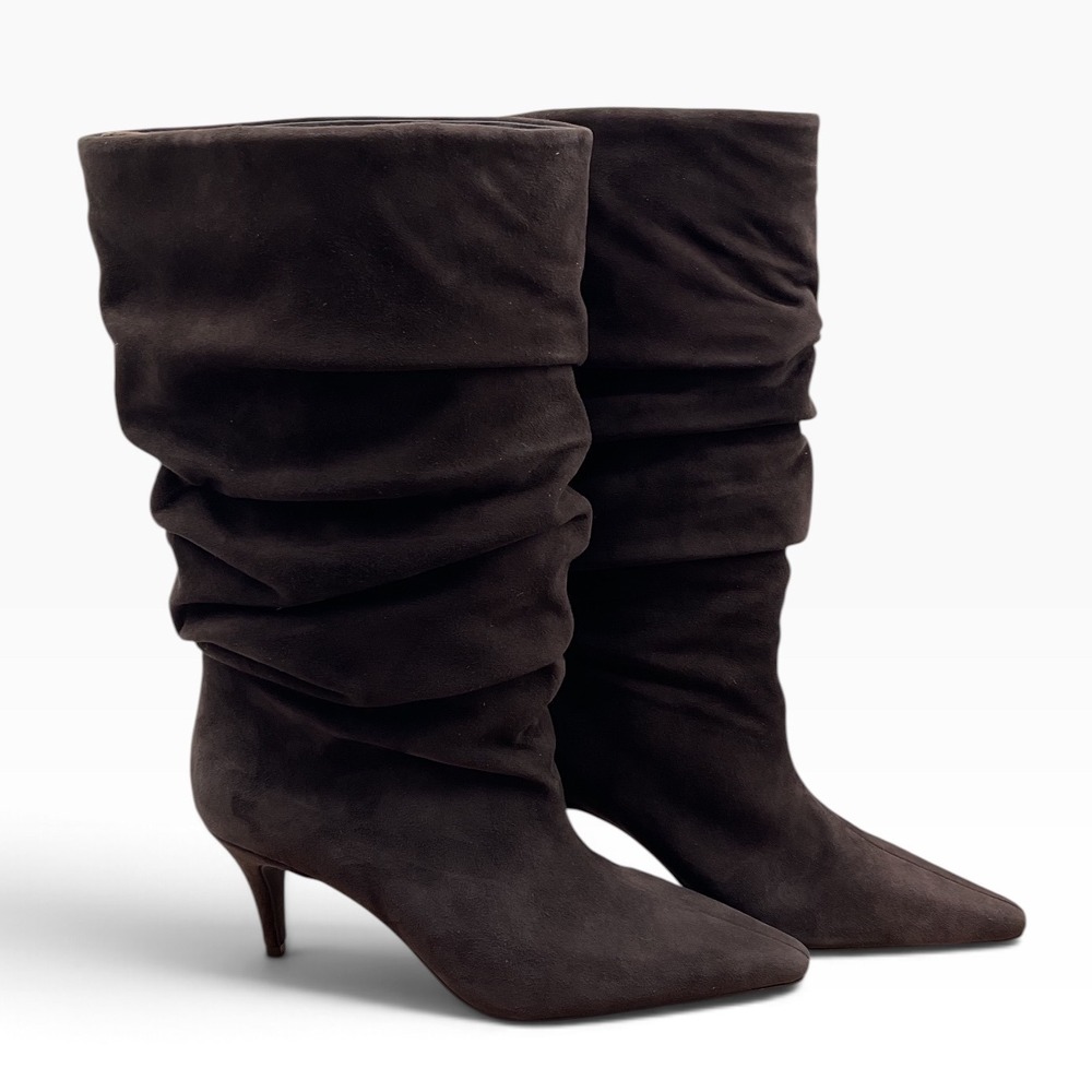 I.N.C Womens Dark Brown Faux Suede Slouchy Pointed Toe Kitten Heel Mid Calf Boot